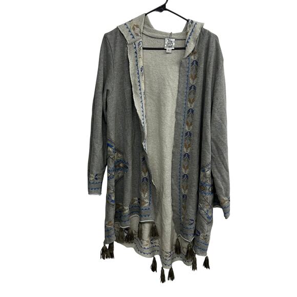 Boho Chic Embroidered Tassel Cardigan Ivy Jane Hooded Southwestern Gray L - Picture 1 of 7